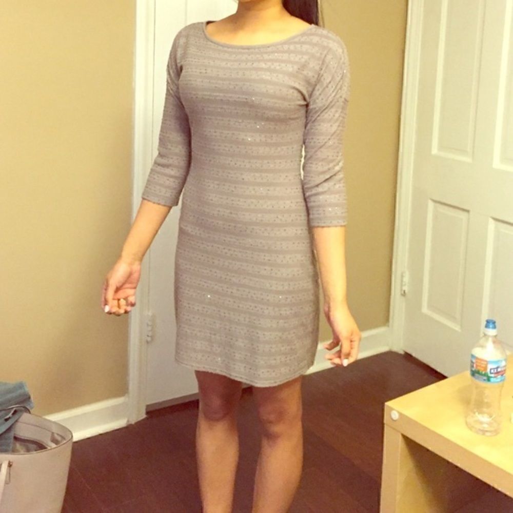 NWT Express beige gray taupe shift dress sequin de